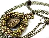 Light Brown Necklace Beaded Pendant with Leaf - MegansBeadedDesigns