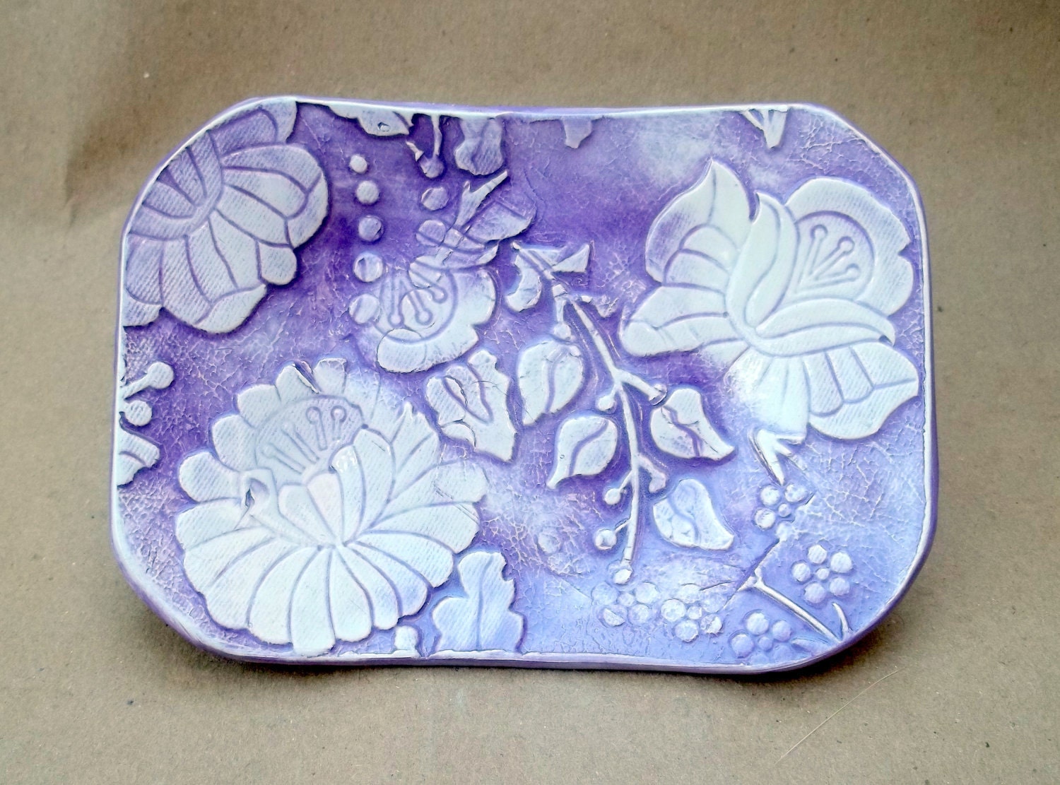 Purple Damask Ceramic Soap Dish