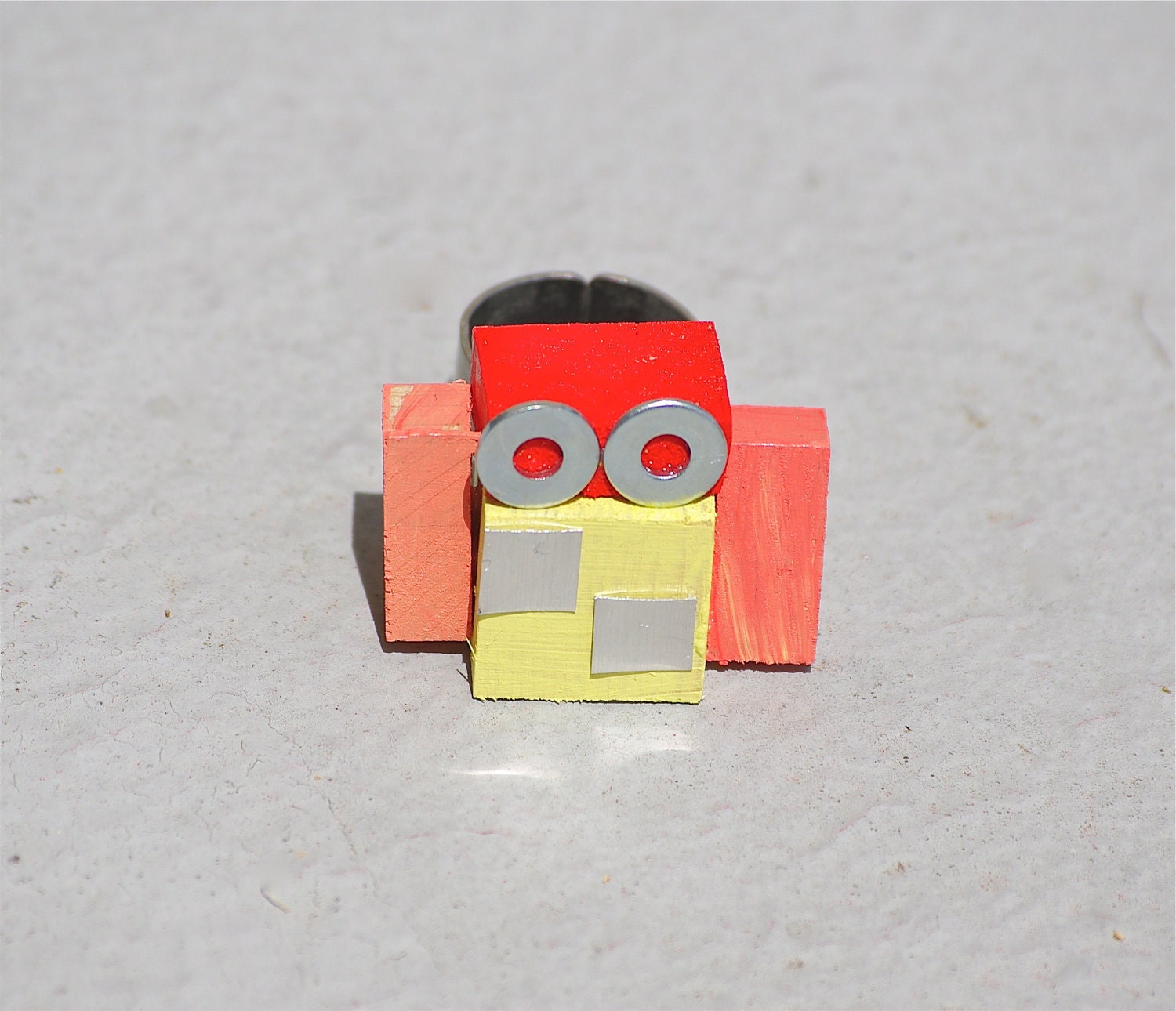 Robot Ring handmade from reclaimed wood and scrap metal accessories for men and for women geeks nerds, red, orange, yellow