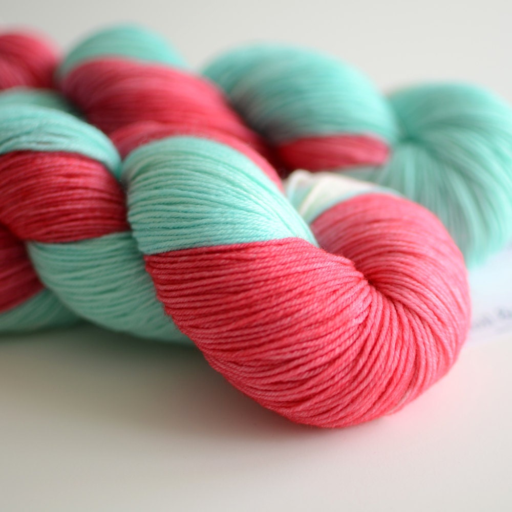 Hand Dyed Sock Yarn - Fingering Yarn  - Red Sky in the Morning - Coral Red and Turquoise Blue - Superwash Merino / Nylon - 463 yards
