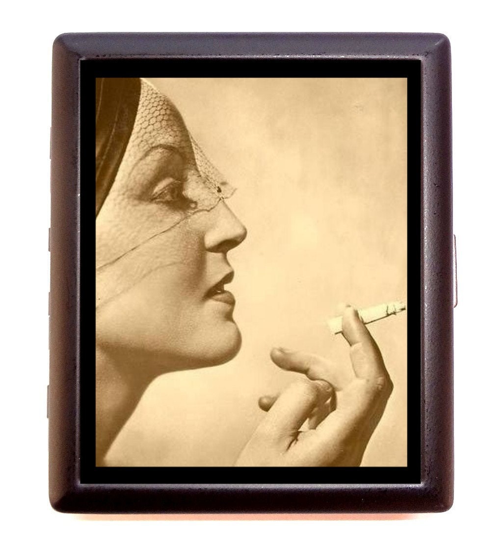 Flapper Art Deco Art Nouveau Smoking Woman Profile Cigarette or Business Card Case or Metal ID wallet