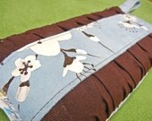 Blue and Brown Hand Painted Cherry Blossom Clutch Wallet with Wristlet strap