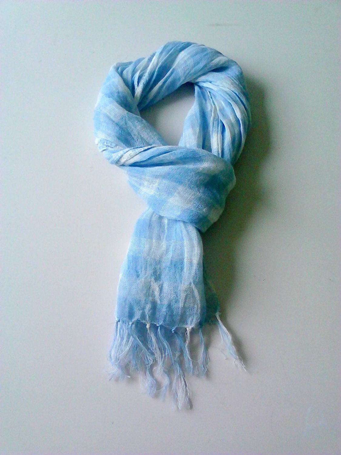 This summer hit - Light blue White linen scarf with knot fringes Unisex Gift ideas Summer linen scarf Natural organic linen scarf - Feltoza
