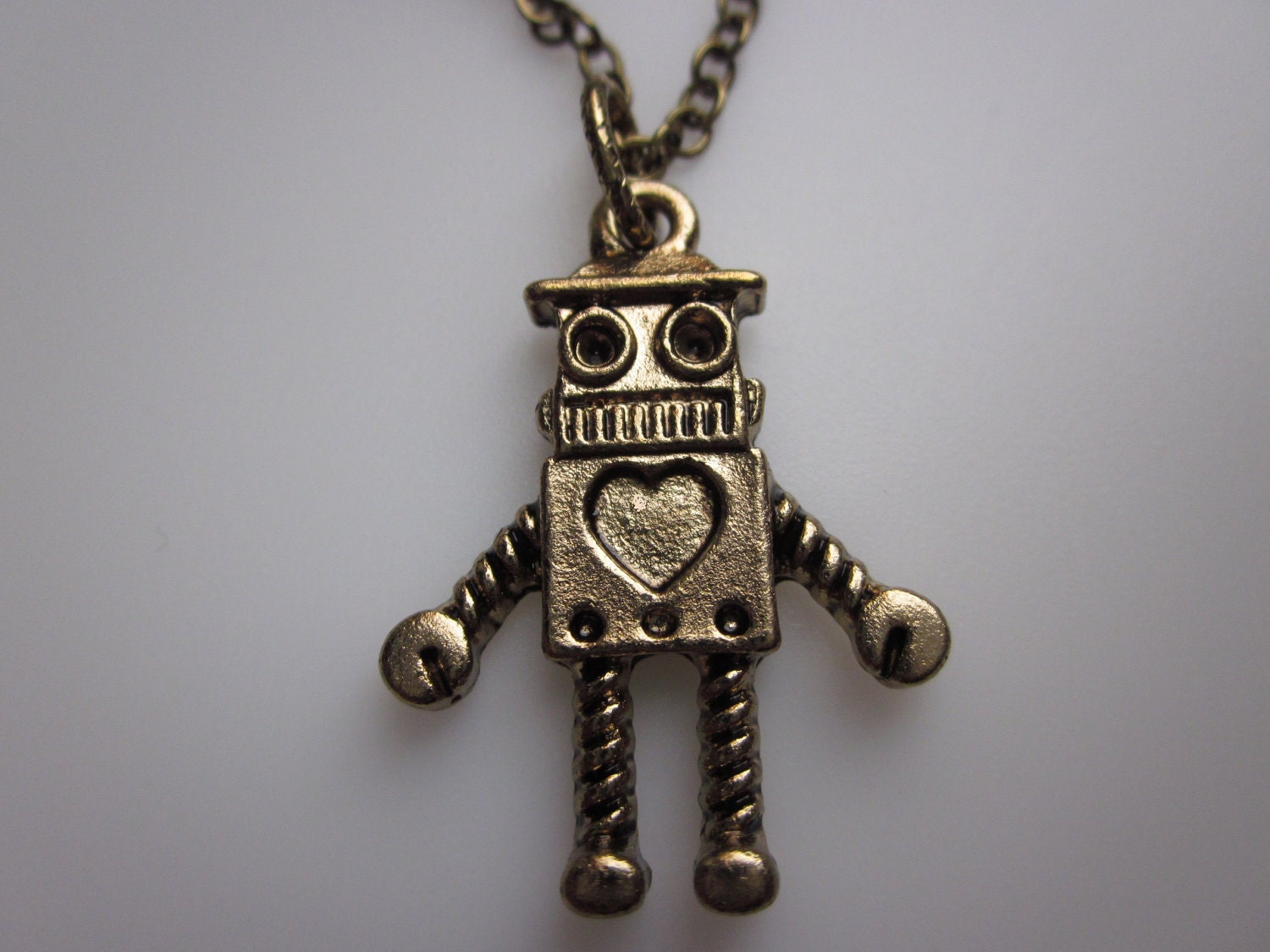 ROBOT LOVE Necklace. Robot with a Heart in Antique Gold Finish