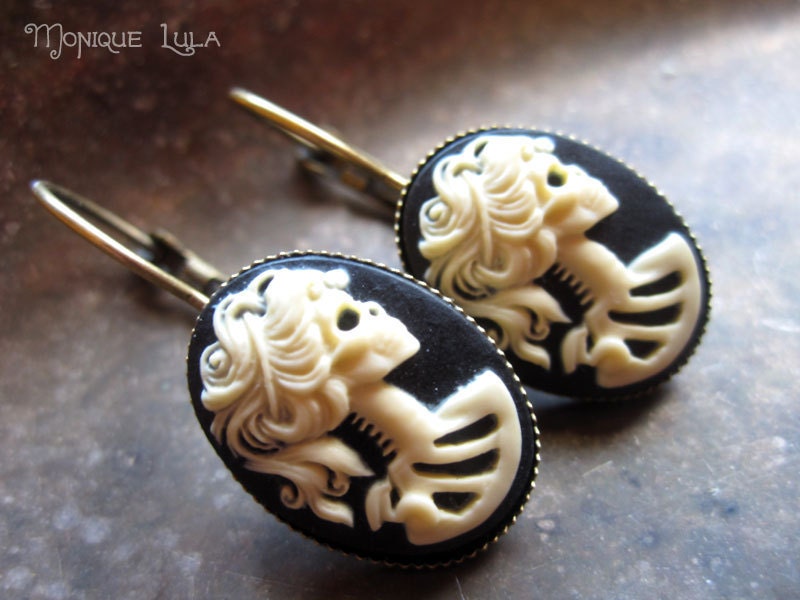 Gothic Lolita Cameo Antiqued Brass Petite Dangle Earrings