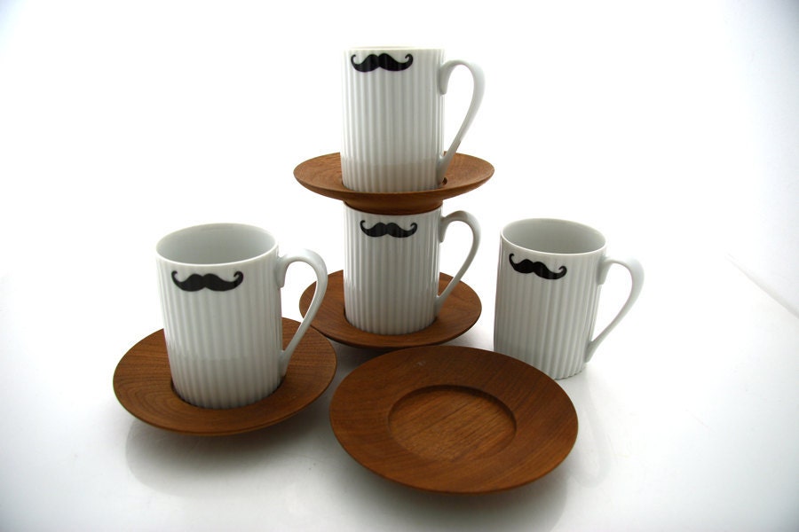 Mustache espresso set of four cups and saucers OOAK
