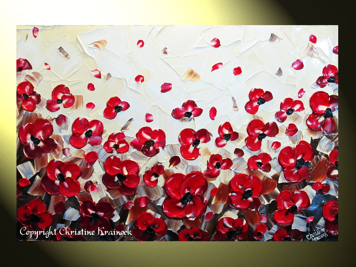 Original Abstract Textured Painting, Red Poppy Flowers Landscape, Modern Spring Floral Poppies Gold Palette Knife 24x36" -Christine