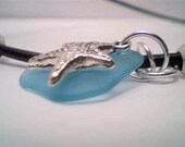 Genuine aqua beach sea glass gemstone pendant with starfish charm jewelry handmade necklace