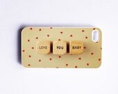 iPhone Case: Love You Baby. Retro Scrabble. Wood Blocks. White Case. iPhone 4S Case. Red Hearts. Typography.