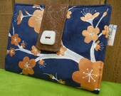 Kindle 4 Wifi Cover, Nook Cover, e-reader Cover-Navy Blue Suede Padded Book Style Cover Hand Painted with Cherry Blossoms