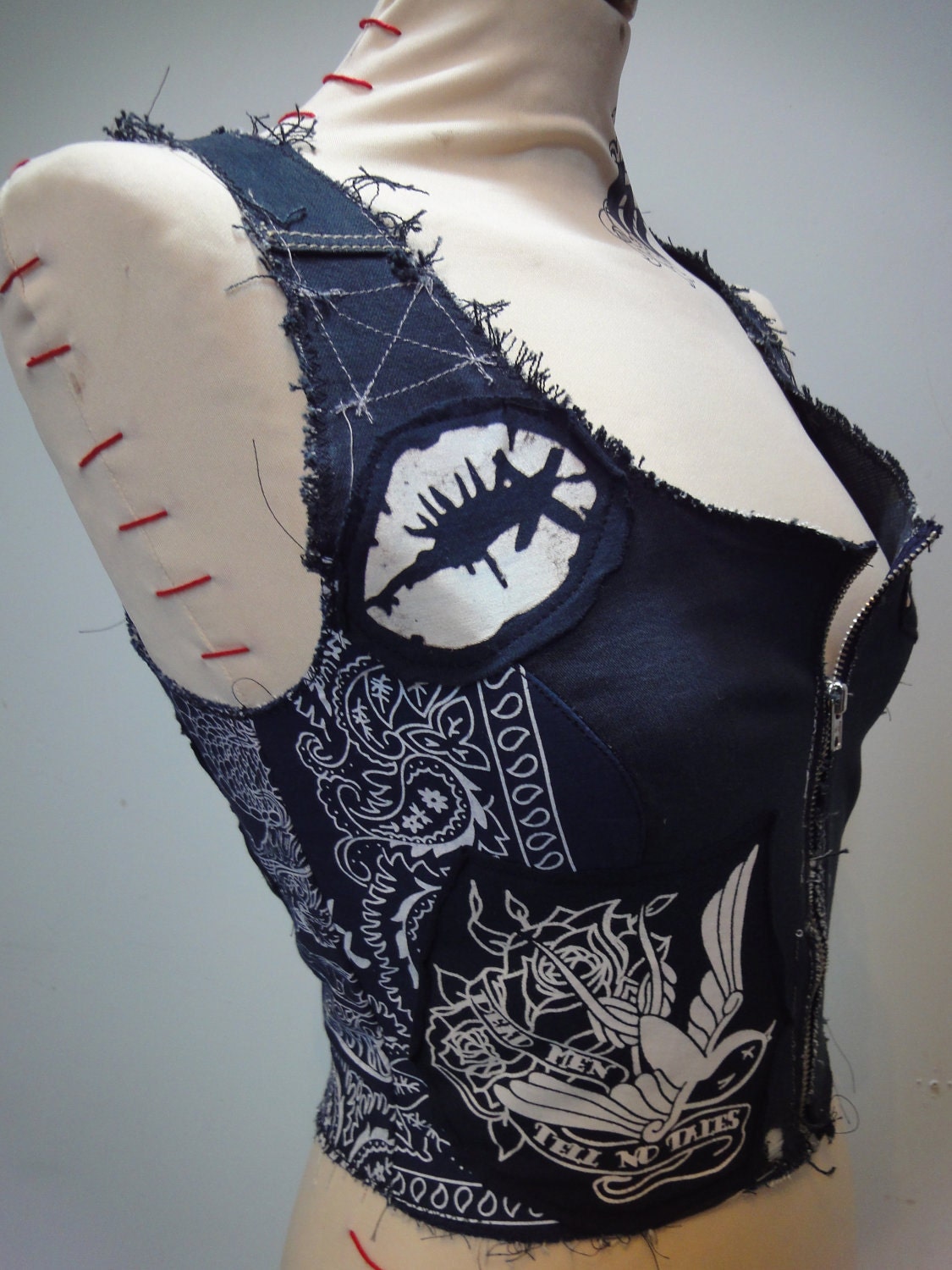 Distressed Denim Vest with Paisley inserts by Wildside Clothing