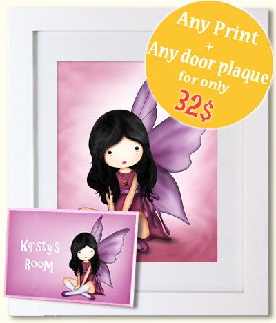 Art print and personalized door sign, angel , fairy , Kids room decor - Choose any image and door sign for a special price