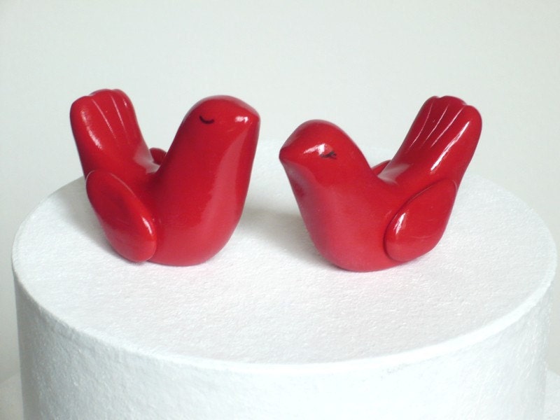 Cherry Red Wedding Cake Topper - Bride and Groom Love Birds - oenopia