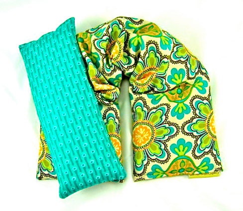 Neck Shoulder Heat Wrap Eye Pillow Therapeutic Set Organic Flaxseed Rice Lavender Scented Art Deco Green Blue Gift Guide