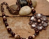 GOLDEN COPPER BLOOM - Necklace and Earring Set - Copper Flower, Handmade Lampwork Beads, Glass Pearls