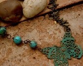VERDIGRIS BUTTERFLY - Necklace and Earring Set - Verdigris butterfly, Handmade Lampwork, Turquoise Beads