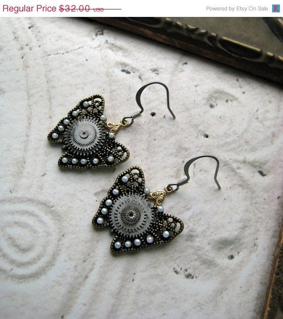 20% off EVERYTHING Steampunk Earrings butterfly pearls antique pocket watch parts Industrial ONE OF A Kind jewellery