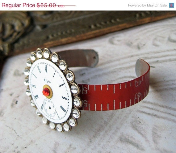 20% off EVERYTHING Steampunk Bracelet Cuff Antique RED metal Ruler  RHINESTONES Victorian vintage pocket watch parts