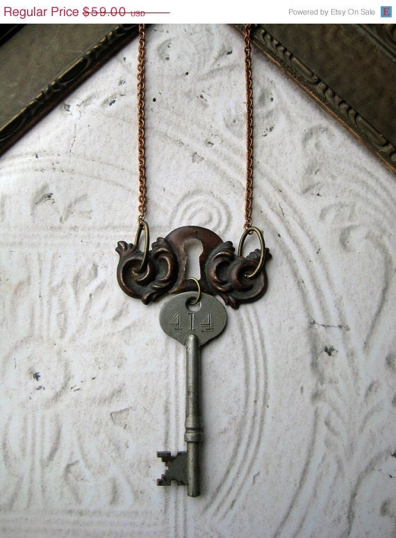 20% off EVERYTHING Steampunk Necklace ANCIENT Escutcheon brass key hole hardware Antique Hotel Key Room number 414 architectural salvage