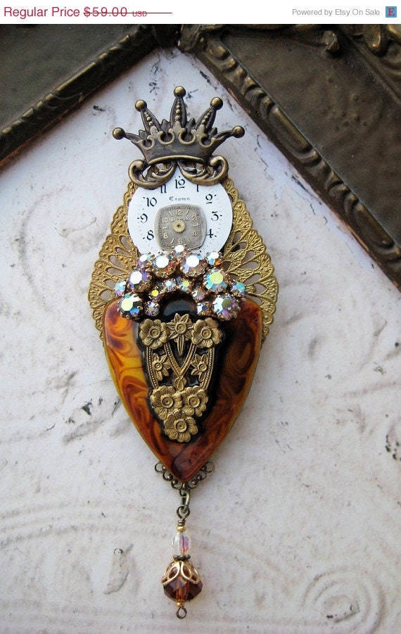 20% off EVERYTHING Steampunk Brooch RHINESTONE Art Nouveau Amber Vintage Brass filigree CROWN glass topaz beads watch parts wearable art