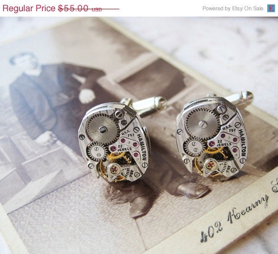 20% off EVERYTHING Steampunk cufflinks jeweled wedding ANTIQUE rare shape wristwatch parts part SILVER art deco cuff links mens jewelry uni