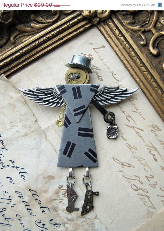 20% off EVERYTHING STEAMPUNK angel pin TOP Hat vintage game piece brooch watch parts