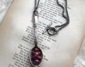 20% off EVERYTHING Art Nouveau STEAMPUNK antique childs GRAPE Spoon Necklace Purple Glass beads gears silver chain