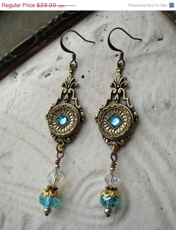 20% off EVERYTHING Antique Button Earrings turquoise glass beads rhinestones jewelry silver settings blue