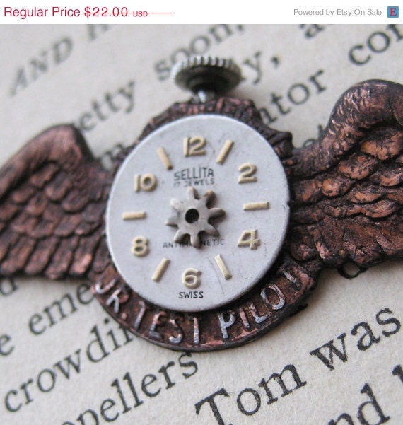 20% off EVERYTHING Steampunk Pin Brooch Mechanical industrial Vintage WING pilot cog wristwatch face Antique copper findings