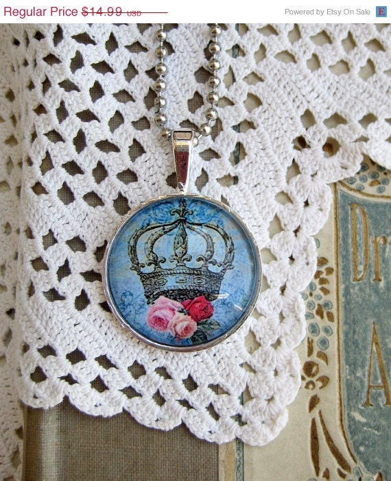 20% off EVERYTHING Mothers Day Necklace Chic Crowns Shabby Roses silver bezel glass domes