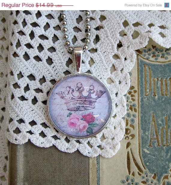 20% off EVERYTHING Mothers Day Necklace Chic Crowns Shabby Roses silver bezel glass domes