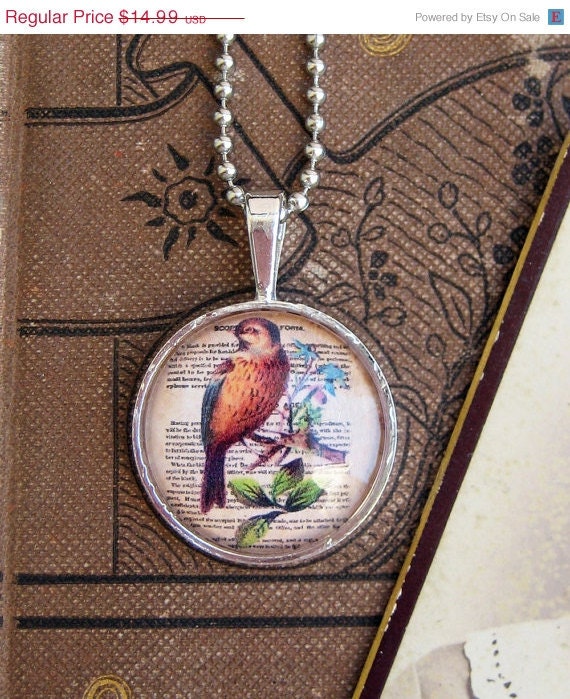 20% off EVERYTHING Mothers Day Necklace Beautiful little birds silver bezel glass domes collage ephemera
