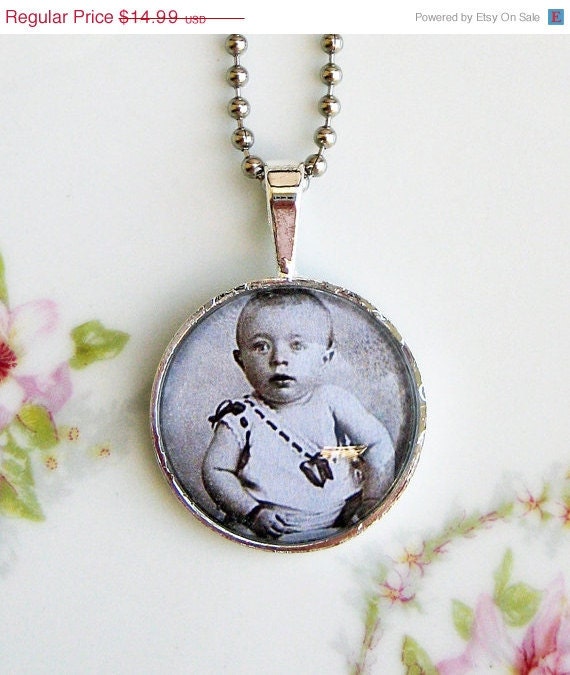 20% off EVERYTHING Mothers Day Necklace Black and White french baby antique Photos cabinet card silver bezel glass domes collage ephemera