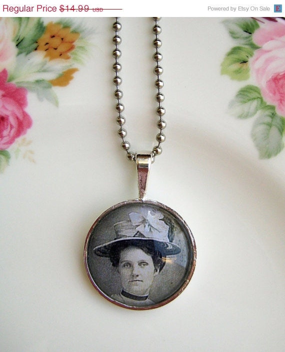 20% off EVERYTHING Mothers Day Necklace Black and White HUGE HAT antique Photos silver bezel glass domes collage ephemera