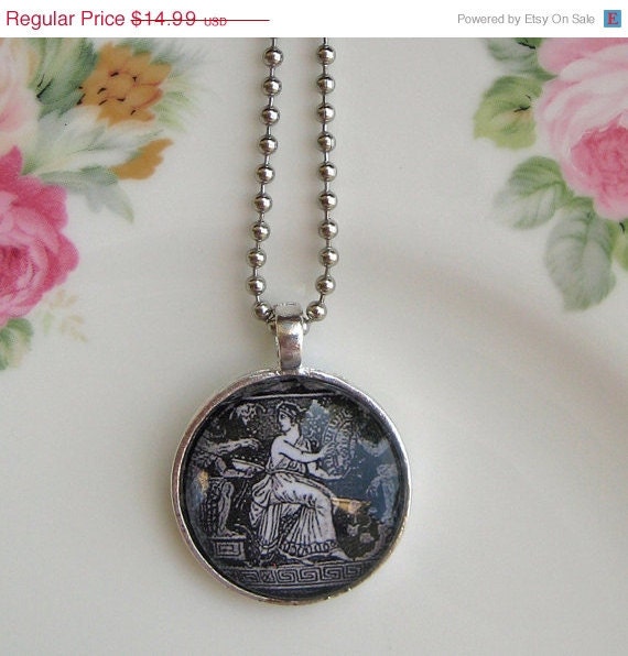 20% off EVERYTHING Mothers Day Necklace Black and White Roman Art antique silver bezel glass domes collage ephemera