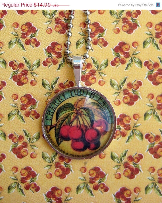 20% off EVERYTHING Mothers Day Necklace Antique Advertisement cherry toothpaste silver bezel glass domes collage ephemera