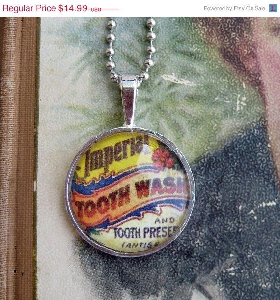 20% off EVERYTHING Mothers Day Necklace tooth poweder Antique Advertisement toothpaste silver bezel glass domes collage ephemera
