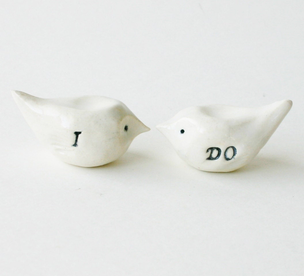 Porcelain Bird Wedding Cake Topper - I DO - Custom Personalized - French White - Vintage Wedding - Handmade Ceramic - BackBayPottery