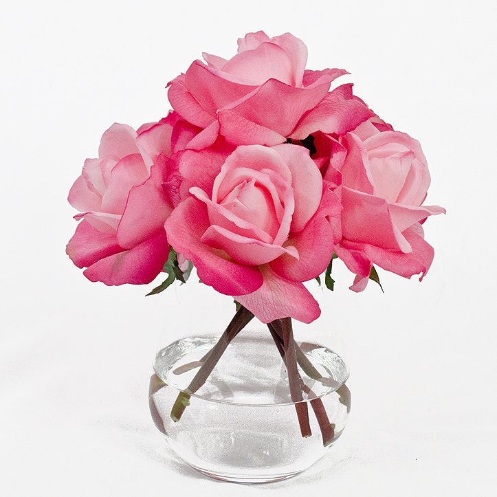 Real Touch Pink Rose Round Glass Vase - flovery