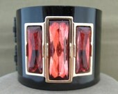 Deco Style Black Lacquer Cuff Bracelet Pink Rhinestones