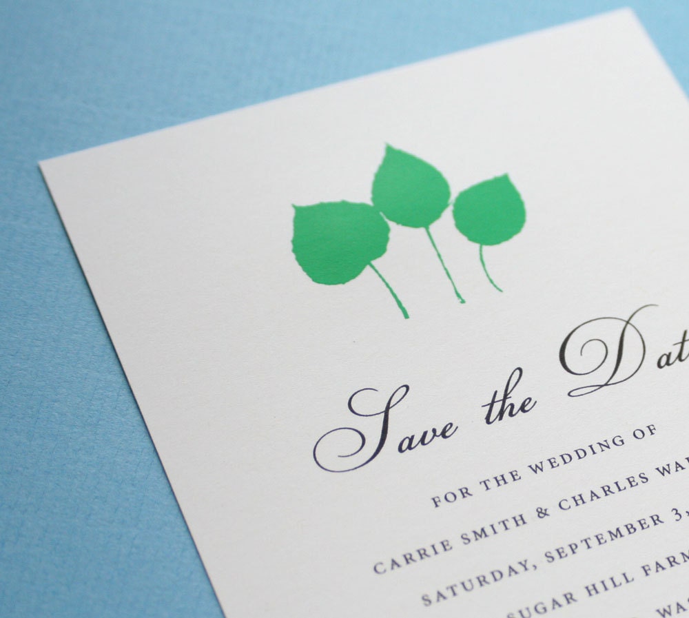 Save the date postcard aspen leaf screen print in dark mint