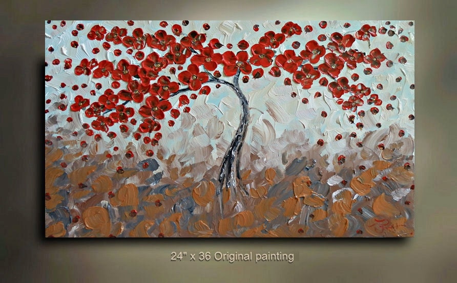 ORIGINAL Abstract Red flower tree Painting Landscape treescape big textures 36x24 Modern Contemporary art  by OTO