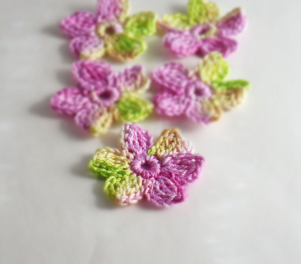 Crochet Applique Motif Mini Flower Pink Lime Green Yellow
