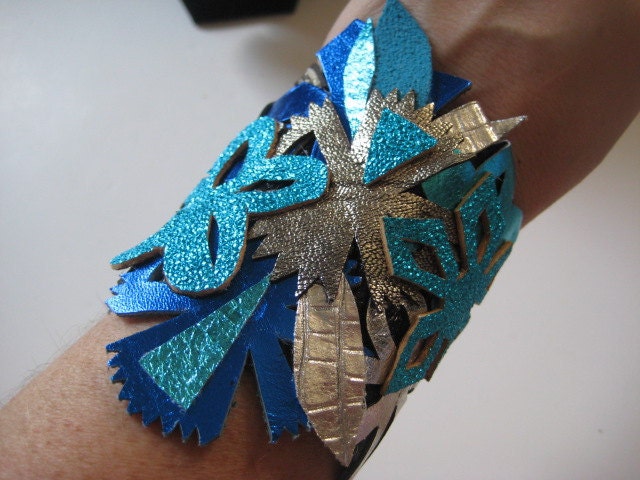 Metallic Flower Hand Cut Leather BRACELET Bouquet TURQUOISE Blues Silver