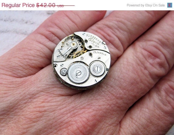 20% off EVERYTHING Steampunk Ring Antique Silver Pocket Watch Movement ELGIN 15 jewels mechanical industrial jewellery