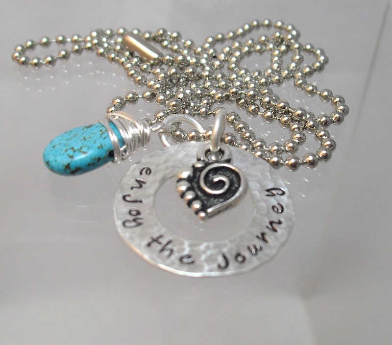 Enjoy the Journey Silver filled washer handstamped necklace Turquoise teardrop