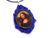 Mona Lisa Necklace, Deep Royal Blue Glitter Pendant, Resin Jewelry by Bohemian Bear