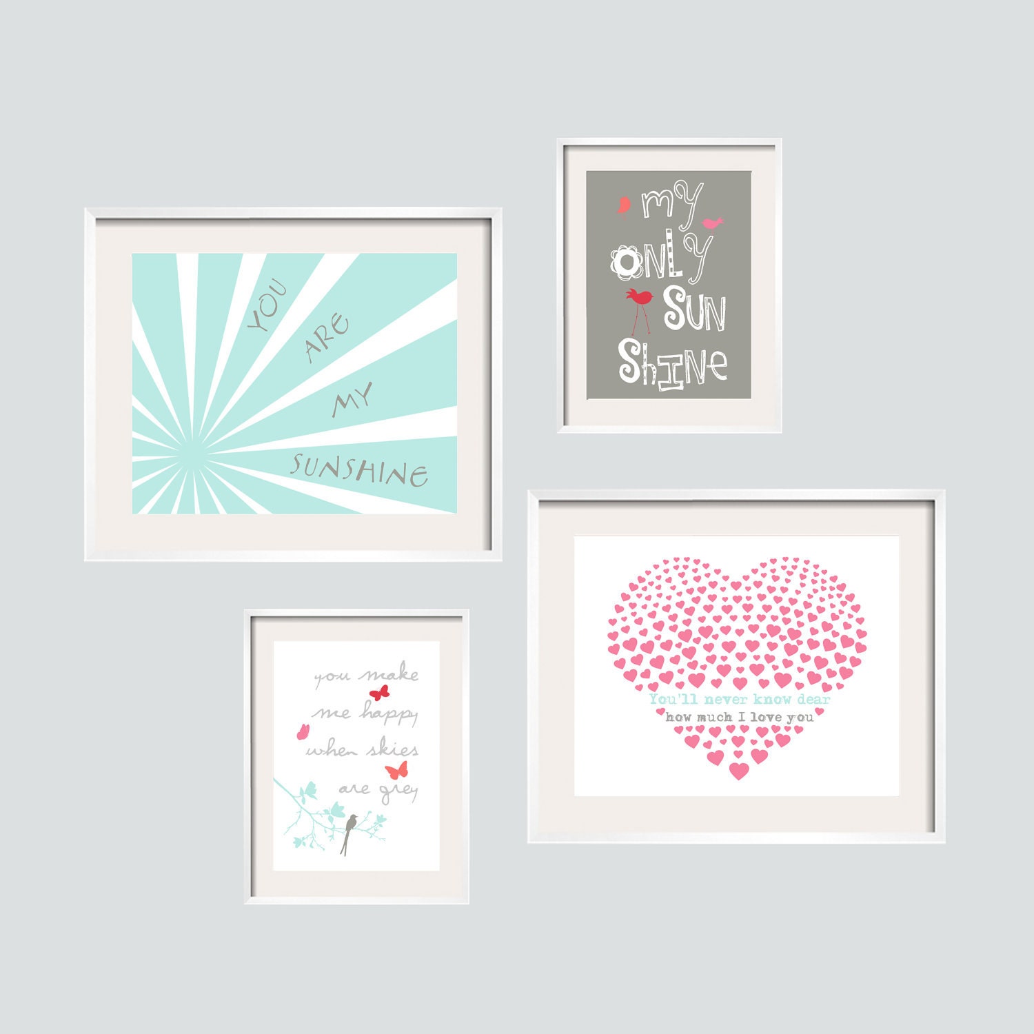 Aqua Coral Pink and Grey You Are My Sunshine Print Set 8x10- For Verona in Rouge Fabrics -Eclectic style Gallery wall by YassisPlace