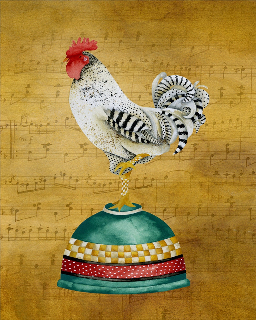 8 x 10 Art Print. Musical Rooster On Baking Bowl