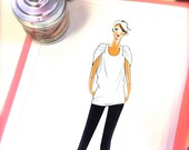 FASHION ILLUSTRATION - white pleat shirt w/ black leggings .. fashion art sketch print